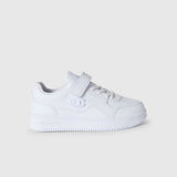 Zapatilla Champion Rd18 Low blanca vista lateral con velcro y cordones elásticos