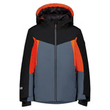 Vista frontal de la chaqueta junior Icepeak Langdon JR 50065 gris, negra y naranja